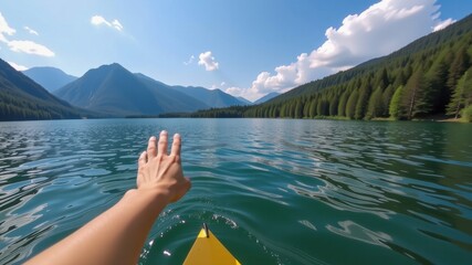 Serene drone view of kayak gliding through tranquil waters surrounded by majestic mountains and lush forests evokes sense of adventure and peace