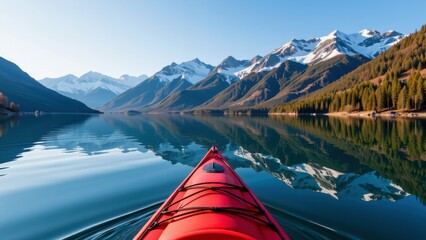 Stunning drone view of kayak gliding through calm waters surrounded by majestic mountains creates serene and breathtaking landscape