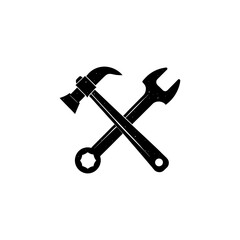 A vintage-style, rough-textured silhouette of a hammer and a crossed combination wrench. Ideal for construction, carpentry, or renovation services brand identities.