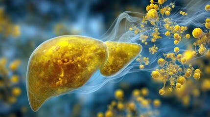 Conceptual illustration of metabolic imbalance bright yellow liver enlargement accompanied by soft rising lactic acid fog within circulatory system.