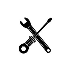 A flat black and white vector illustration of a crossed screwdriver and wrench. Perfect for a logo for a repair shop, technician, home repair, or automotive service.