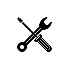 A flat black and white vector illustration of a crossed screwdriver and wrench. Perfect for a logo for a repair shop, technician, home repair, or automotive service.