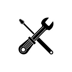 A flat black and white vector illustration of a crossed screwdriver and wrench. Perfect for a logo for a repair shop, technician, home repair, or automotive service.
