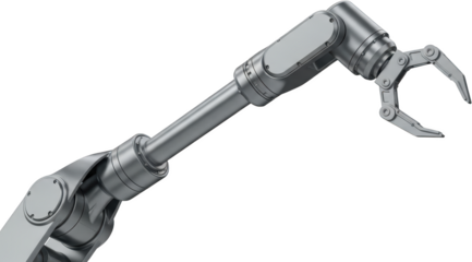 Industrial robotic arm with metallic articulated claw 3D rendered with precise joints automation transparent background