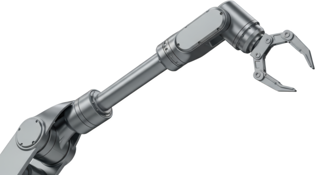 Industrial robotic arm with metallic articulated claw 3D rendered with precise joints automation transparent background