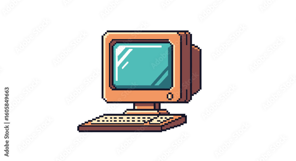 Poster nostalgic pixel art of retro computer displaying a teal screen on white background depicting vintage
