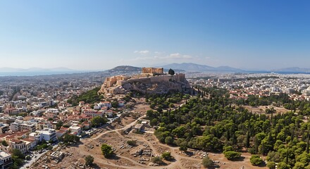 Obraz premium Panoramic view of Athens with Acropolis hill on a hot summer day in Greece. Travel image of a heatwave in Athens. - Scenic beauty in Greece