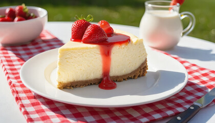 A slice of classic cheesecake with strawberry topping on a white plate, soft natural lighting, picnic background.