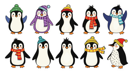 Charming Collection of Whimsical Penguins in Winter Attire: A Delightful Array of Animated Antarctic Birds Ready for the Festive Season