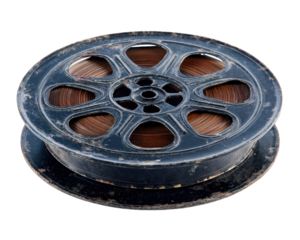 Old film reel vintage metal spool isolated on transparency background classic cinema object nostalgic retro style aged movie memorabilia historical artifact