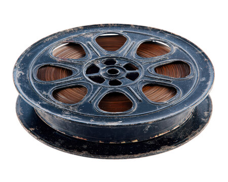 Old film reel vintage metal spool isolated on transparency background classic cinema object nostalgic retro style aged movie memorabilia historical artifact