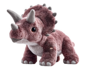Plush pink triceratops dinosaur toy with soft texture, large eyes, and gray horns, isolated on transparency background, evokes sense of cuteness and comfort for children and collectors