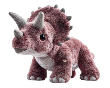 Plush pink triceratops dinosaur toy with soft texture, large eyes, and gray horns, isolated on transparency background, evokes sense of cuteness and comfort for children and collectors