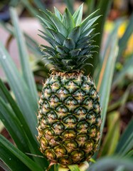 Fototapeta premium Fresh Pineapple Growing Amid Green Foliage a Tropical Delight in Daylight