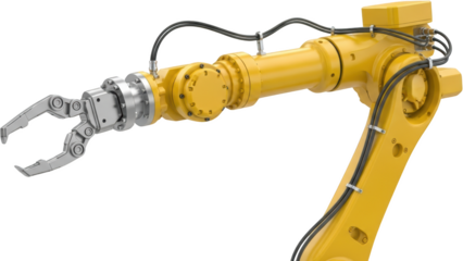 Yellow industrial robotic arm with a metal claw gripper intricate joints and black wiring automation transparent background
