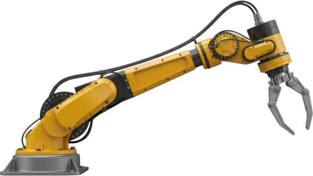 Yellow industrial robotic arm with gripper and visible wiring isolate robot arm automation