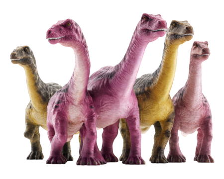 Group of colorful dinosaur toys standing together, featuring pink, yellow, and brown figures with detailed textures, playful and cheerful mood, isolated on transparency background