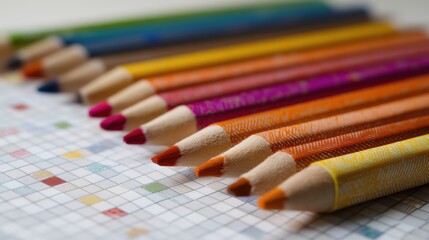 Fototapeta premium Colorful Pencils Aligned on Graph Paper in Sharp Focus
