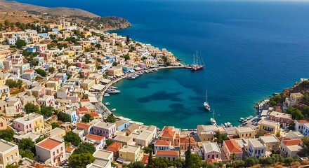 Naklejka premium Hillside view of the colorful buildings and busy harbor on Symi Island, Greece.