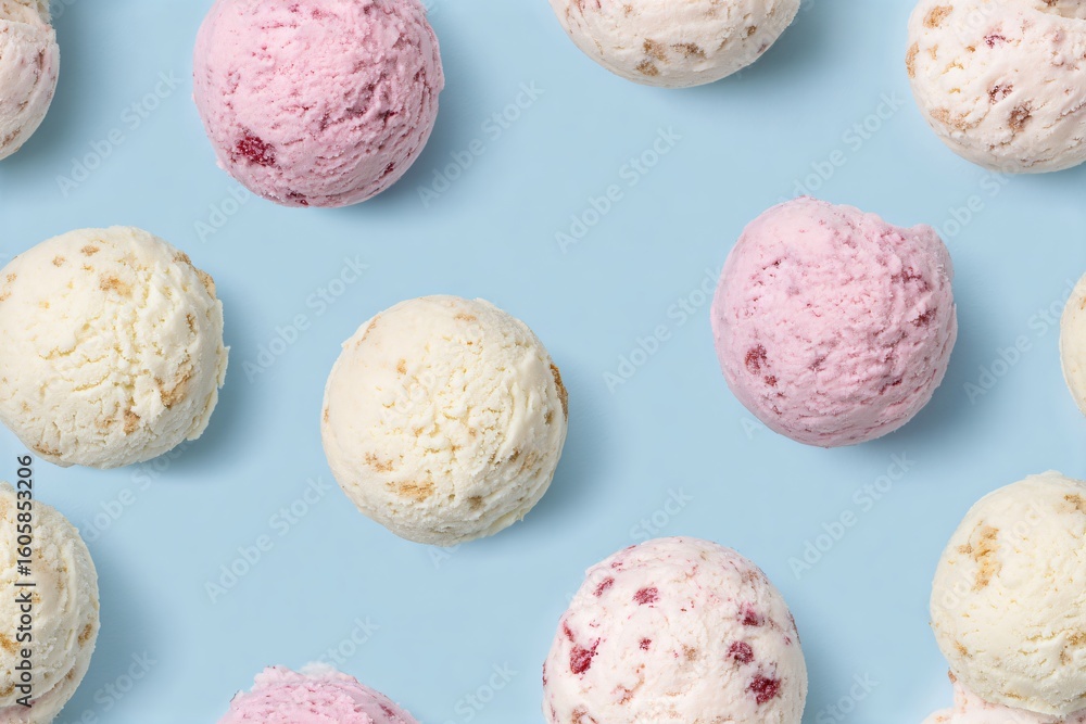 Poster scoops of strawberry and vanilla ice cream create a repeating seamless pattern on a light blue backg