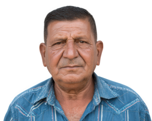 Mature man portrait serious expression isolated transparency background blue shirt middle aged South Asian close up facial wrinkles short hair outdoor style realistic