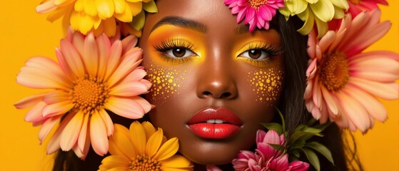 Graceful Afro-American woman with voluminous natural hair, adorned with large vibrant daisies and floral headpiece on a bright yellow background. Floral beauty, spring celebration