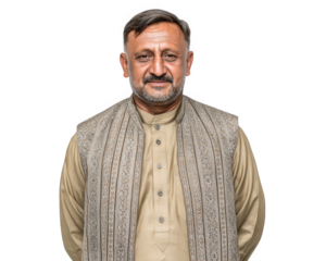 Middle aged Pakistani man wearing traditional beige shalwar kameez and patterned waistcoat, standing and smiling, isolated on transparency background, confident and friendly expression