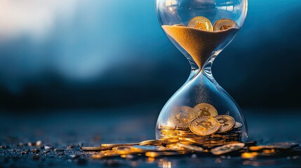 Futuristic hourglass filled with golden bitcoin coins and sand, glowing in dramatic blue light. Time, wealth, digital currency, investment and blockchain concept