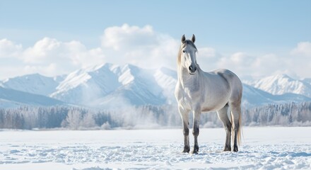 Graceful white horse standing in a snowy landscape with mountains under a clear sky, steam visible in cold air. Year of the Horse 2026 concept for New Year
