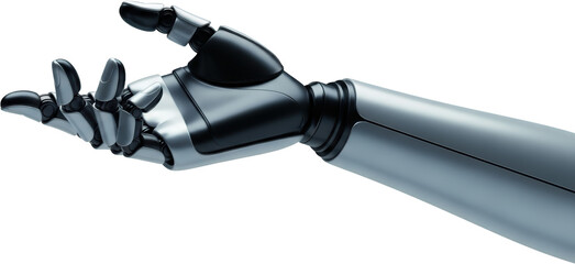 Detailed metallic robot hand extended with open fingers modern technology isolate futuristic