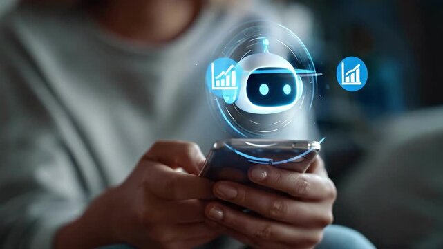 AI Assistant: A person interacts with an AI assistant on a mobile phone, utilizing an innovative blend of digital and human elements. The visual, which is very bright and appealing.