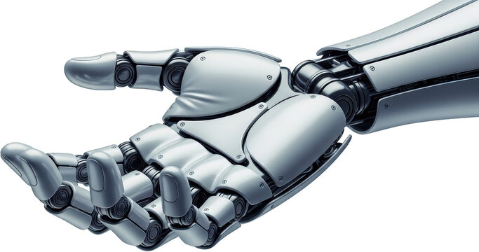 Close up view of a metallic robotic hand with articulated fingers and a detailed forearm mechanical transparent background - Powered by Adobe