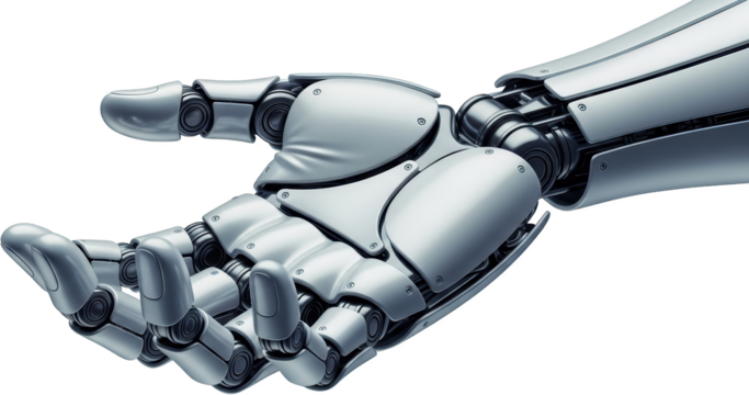 Close up view of a metallic robotic hand with articulated fingers and a detailed forearm mechanical transparent background