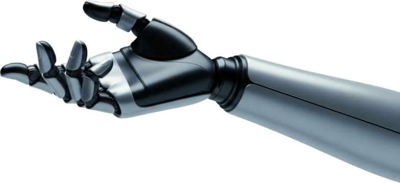 Detailed metallic robot hand extended with open fingers modern technology isolate futuristic