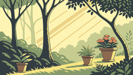 Obraz premium Sunny Garden Landscape with Potted Plants and Trees Illustration