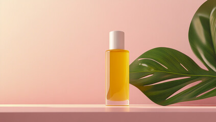A close-up image of a cosmetic serum bottle containing yellow essence, placed on a soft light pink background with a fresh green leaf.