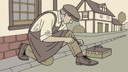 Traditional Shoemaker Repairing a Shoe Outdoors in a Classic Illustration Style