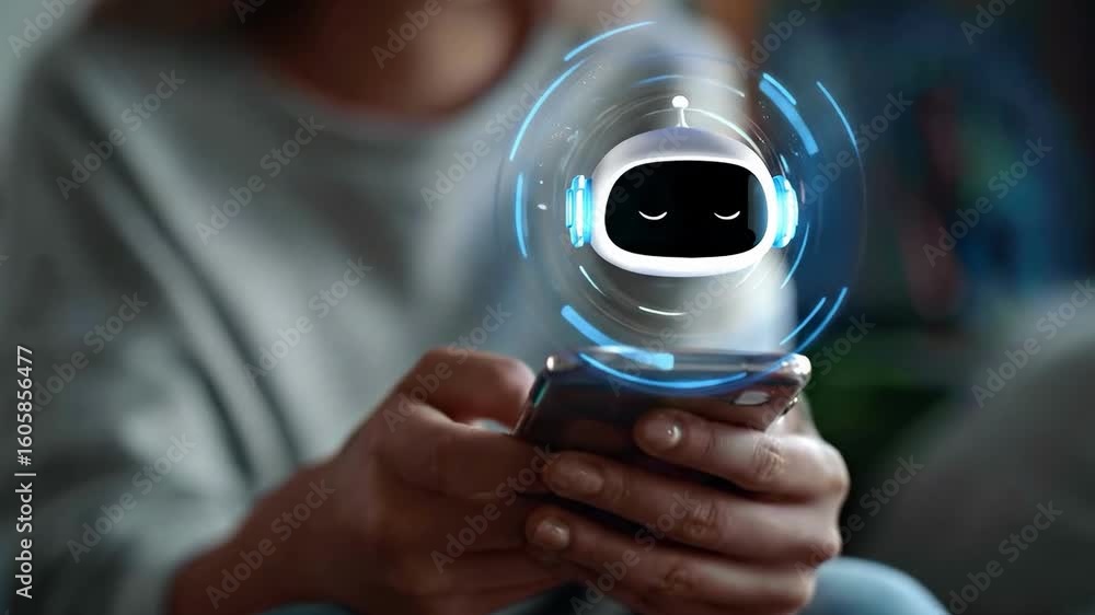 Poster Smart AI Chatbot: A person engages with a smart AI chatbot on a smartphone, exploring the seamless interaction in a modern setting.