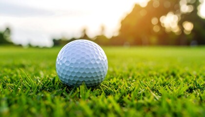 Obraz premium Golf ball on green grass, sunset