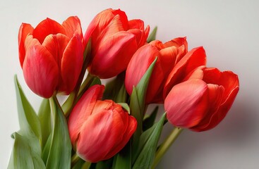 Fototapeta premium Red Tulips Bouquet Close-Up on White Background, Full Bloom Soft Focus for Romantic Spring Card and Floral Advertising