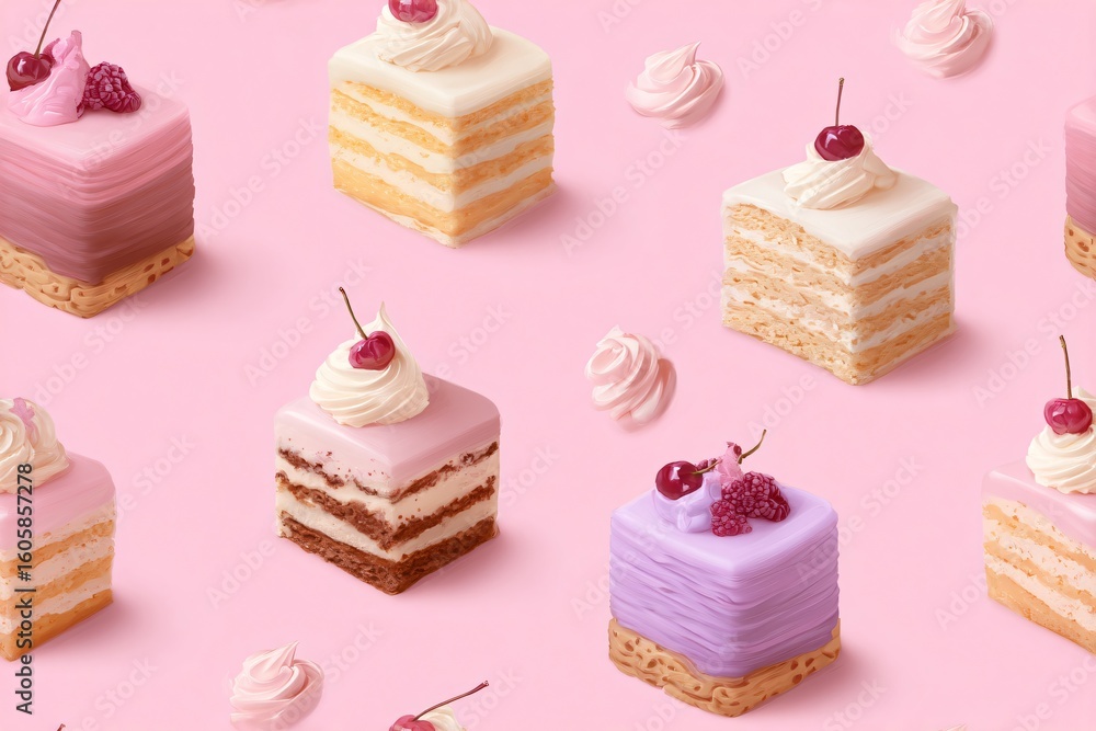 Poster various colorful layered square cakes with frosting and berry toppings on a pink background creating