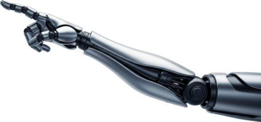 Advanced robotic arm with articulated fingers pointing upwards sleek metal design isolate artificial intelligence transparent background