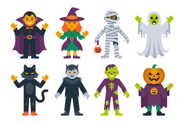 Halloween group costume icons with vampire, witch, mummy, ghost, pumpkin, frankenstein, cat, werewolf, vector set