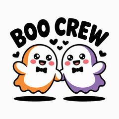 Boo crew poster with ghost friends, black and white, Halloween group, printable card, vector illustration, sticker