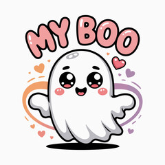 My boo card with cute ghost, pink hearts, playful Halloween, printable sticker, vector illustration, typographic art