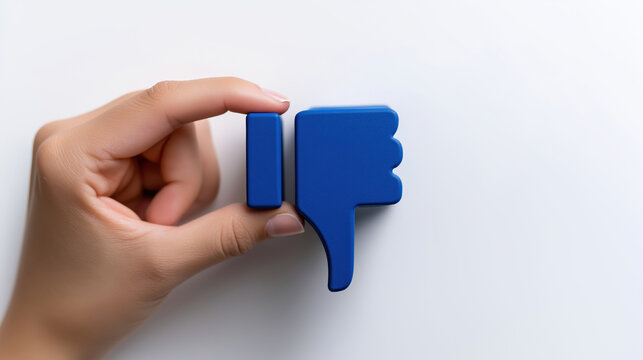 Hand holding a blue thumbs down symbol against a white background