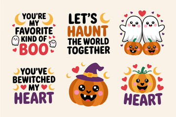 Halloween three pack card set with ghost, pumpkin, witch, playful Halloween, printable sticker, typographic design