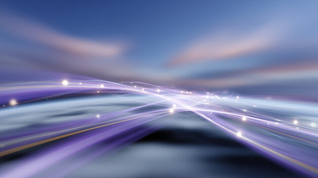 Futuristic earth horizon at dusk with glowing purple light trails over cloudscape, visualizing data transmission, AI network expansion, and global connectivity
