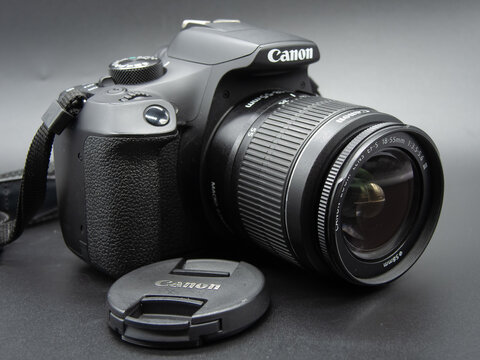 Zapopan Jalisco, Mexico - July 23, 2025: Canon EOS Rebel T6 DSLR reflex camera with lens cap, camera concept