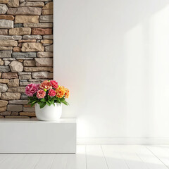 flowers in vase near modern rock wall